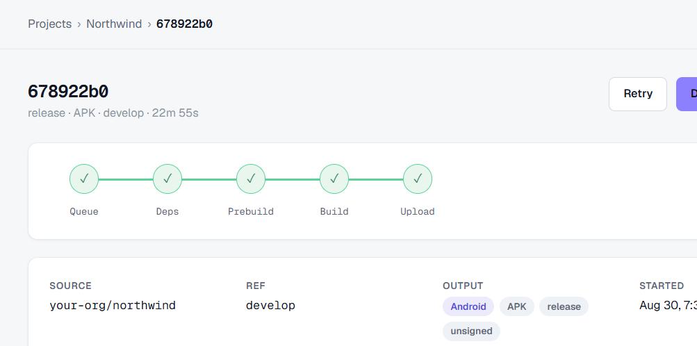 A completed build's pipeline showing Queue, Deps, Prebuild, Build and Upload stages
