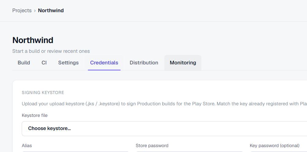The signing keystore upload panel in a project's Credentials tab